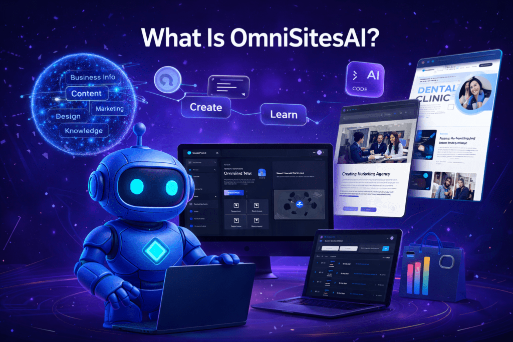Illustration showing how OmniSitesAI uses an AI agent to build and manage websites for different business types

